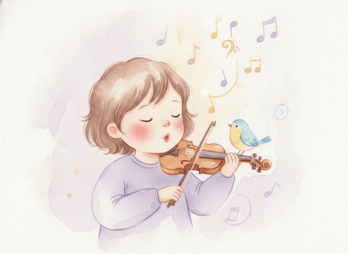 Watercolor style music story illustration of a gentle child humming and holding a small violin with a songbird and floating notes