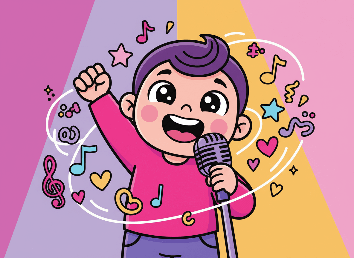 Cartoon style music story illustration of a happy child singing joyfully into a microphone with colorful musical notes around