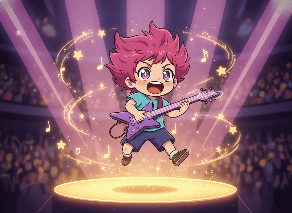 Anime style music story illustration of an expressive child rocking out on a kids guitar on a glowing stage with note sparkles
