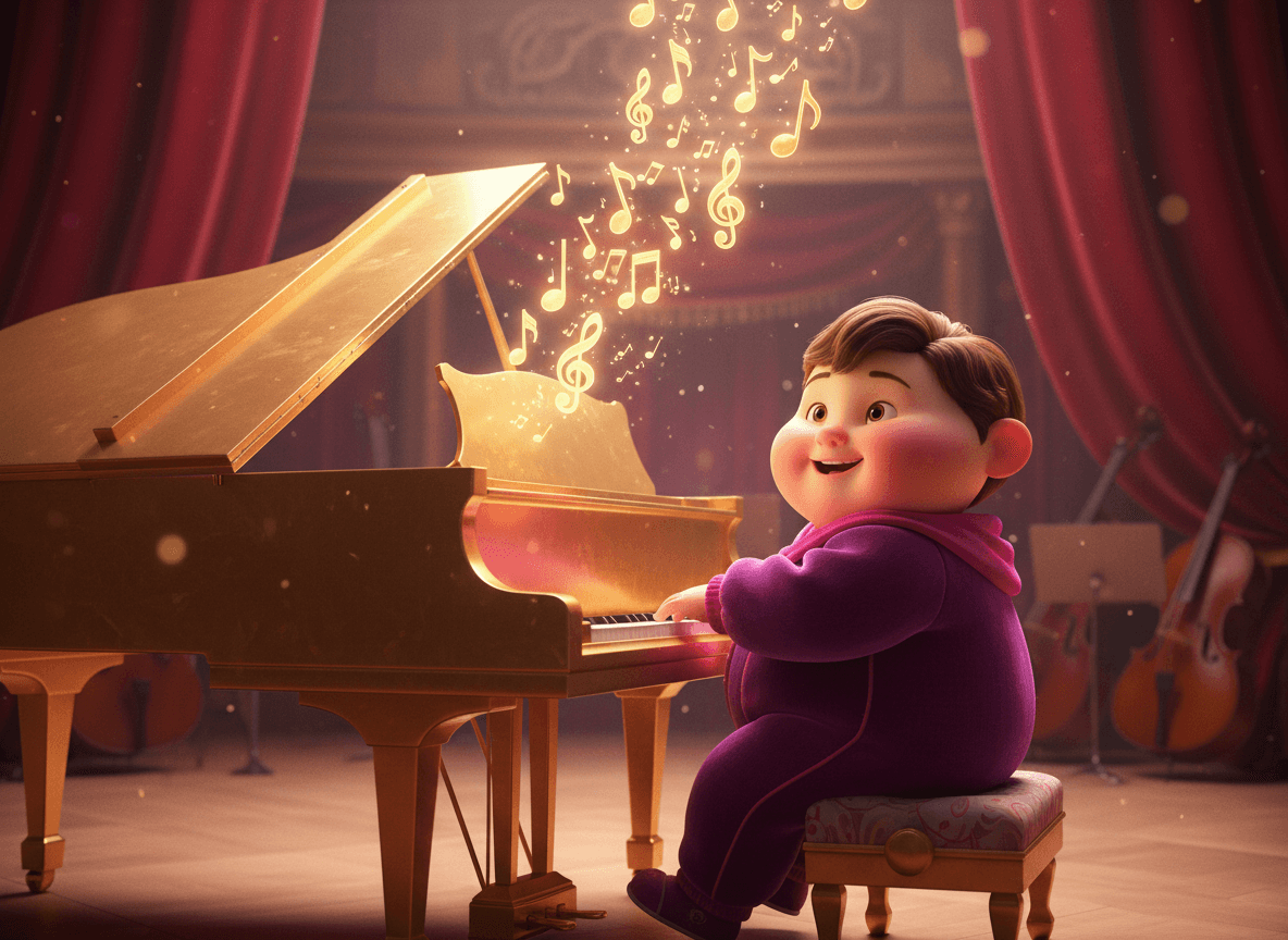 Cinematic 3D style music story illustration of an adorable child playing a shiny grand piano with golden musical notes rising