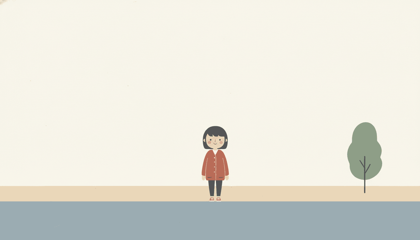 A wide, almost empty picture in five quiet colours. A girl of about eight stands just right of the middle in a dusty terracotta cardigan — the only strong colour anywhere — with a charcoal bobbed fringe, dark trousers and small terracotta shoes. Behind her the picture is three flat bands and nothing else: a large plain chalky off-white sky filling the top two thirds, a narrow strip of pale oatmeal she is standing on, and a soft grey-blue field along the bottom edge. A single sage-green tree shape on a thin dark trunk stands far away to the right. The whole left half of the frame is empty, nothing casts a shadow, and no outline is drawn around anything