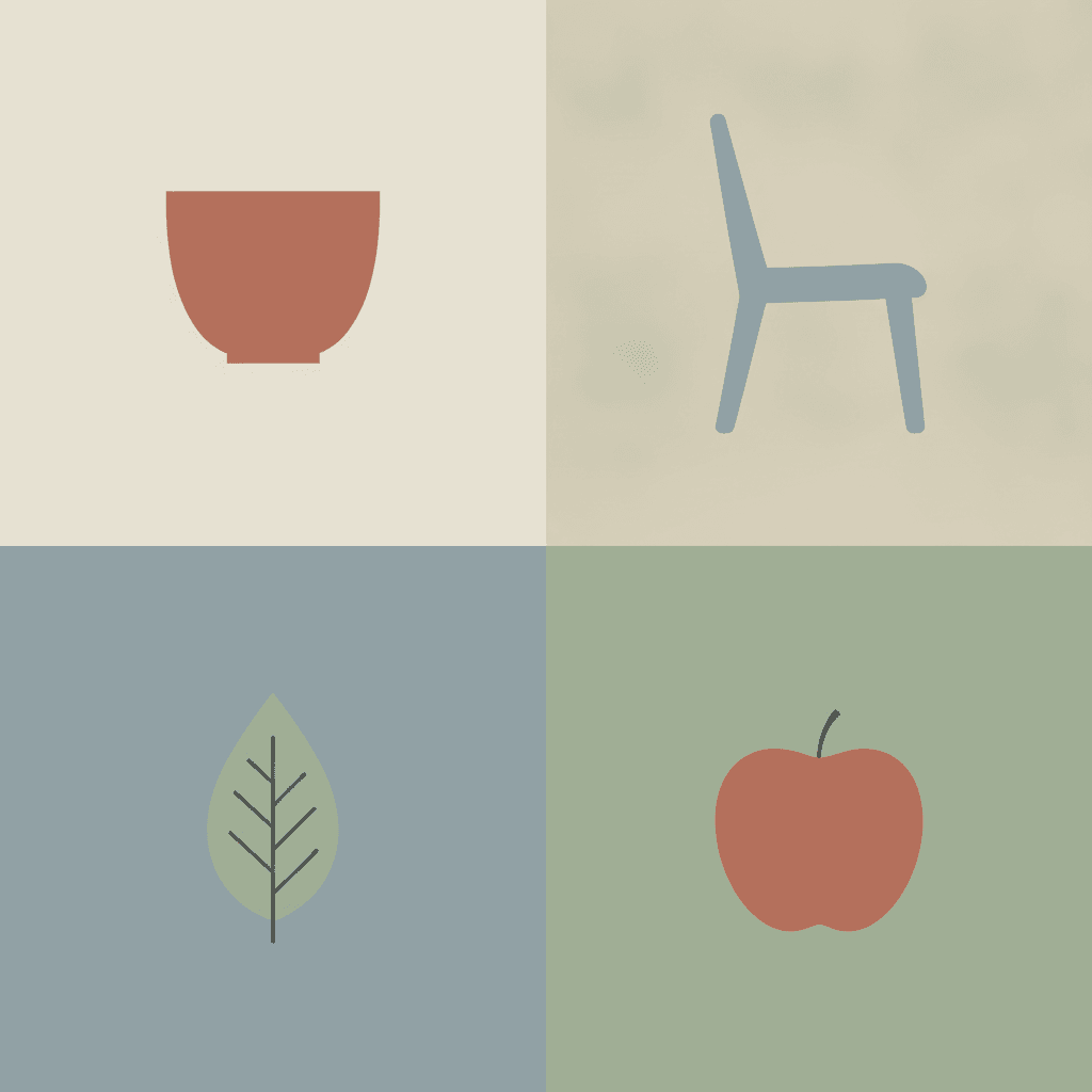 A two-by-two grid of four flat colour quarters, each holding one very simple object and nothing else. On chalky off-white, a dusty terracotta bowl. On pale oatmeal, a soft grey-blue chair seen from the side and drawn as a few plain tapering shapes. On soft grey-blue, a pale sage leaf with thin dark veins. On quiet sage, a dusty terracotta apple with a thin dark stalk. Every object is one flat even shape with no shading inside it, no outline around it and no shadow beneath it, and all four colours stay dusty and low in saturation
