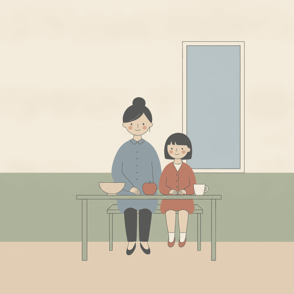 A calm kitchen in flat quiet colour. The wall is plain chalky off-white above a band of soft sage green, the floor is pale oatmeal, and a tall window on the right holds flat grey-blue glass in a pale frame. A woman with her dark hair in a top knot, in a soft grey-blue blouse, sits at a thin sage-green table beside a girl of about seven in a dusty terracotta cardigan with a charcoal bobbed fringe, the two of them overlapping slightly. On the table are three things: a pale oatmeal bowl, a terracotta apple and a cream cup. Both faces are fully visible and smiling, the whole left half of the wall is empty, and nothing casts a shadow