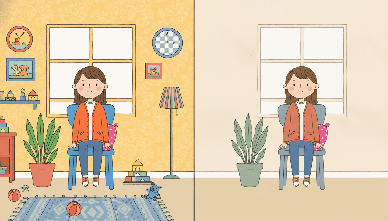 One wide picture split down the middle, with the same girl in the same pose on the same chair beside the same potted plant in both halves. On the left the colour is at full strength and the room is full: a bright yellow patterned wall, a hot orange cardigan, a strong blue chair, a vivid green plant in a red pot, a patterned blue rug, a shelf of coloured blocks, two framed pictures, a clock, a striped lamp, scattered toys and a ball. On the right the same girl sits in a dusty terracotta cardigan on a soft grey-blue chair beside a sage-green plant in a sage pot, against one plain cream wall, one plain window and a bare oatmeal floor, with everything else gone and a great deal of empty space left in its place