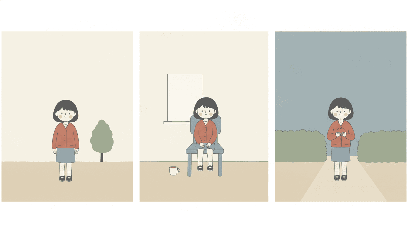 Three upright panels side by side on a pale ground, the same girl in each one and unmistakably the same character all three times: a charcoal bobbed fringe, a dusty terracotta cardigan, a soft grey-blue skirt and small dark shoes. In the first she stands on a plain oatmeal ground beside a single sage-green tree under an empty cream sky. In the second she sits on a grey-blue chair in a bare room with one cup on the floor beside her and a plain window frame behind. In the third she stands on a pale path between two sage-green hedges under a soft grey-blue sky, holding something small and terracotta in both hands. Nothing in any panel casts a shadow