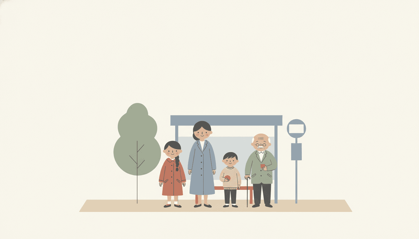 Four figures wait together under a simple grey-blue bus shelter with a completely blank sign beside it, standing on a narrow band of pale oatmeal with a large empty chalky off-white sky above and a single sage-green tree to the left. From the left: a girl in a dusty terracotta coat with a dark plait, a woman in a long soft grey-blue coat, a boy in a cream jumper holding a small terracotta ball, and a grandfather in a sage-green jacket with glasses, a walking stick and a small terracotta cup in his hand. The figures overlap one another slightly, which with no outline and no shadow anywhere is most of what tells them apart, and the terracotta pieces are the only strong colour in the picture