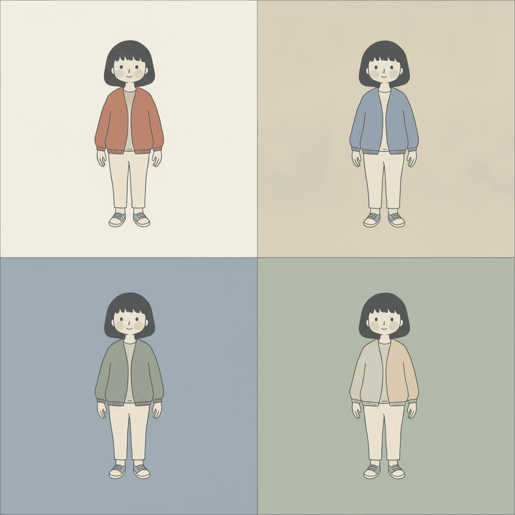 A two-by-two grid of four equal quarters, each one a single flat colour running out to the edge — chalky off-white, pale oatmeal, soft grey-blue and quiet sage — with the very same girl standing in the middle of each. She is identical in all four: a charcoal bobbed fringe, round pink cheeks, cream trousers and pale trainers. Only her cardigan changes, and it is always the one accent against its ground: dusty terracotta on the off-white, soft blue on the oatmeal, sage green on the grey-blue and warm tan on the sage. No quarter has an outline around the figure, a shadow beneath her, or anything else in it at all