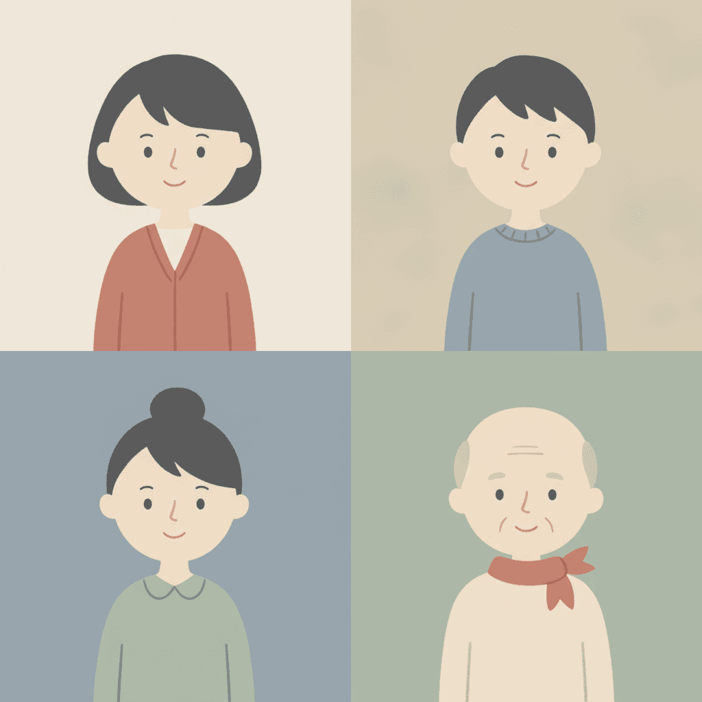 A two-by-two grid of four flat colour quarters — chalky off-white, pale oatmeal, soft grey-blue and quiet sage — each holding one character from the chest up, drawn in flat colour with only a thin line or two. A girl with a chin-length dark bob in a dusty terracotta cardigan; a boy with short dark hair in a soft grey-blue jumper; a woman with her dark hair in a top knot in a sage-green collared blouse; and a grandfather with grey hair at the temples in a cream jumper and a dusty terracotta neckerchief. All four have different face shapes, different hair and small calm smiles, and no two of them share the same features