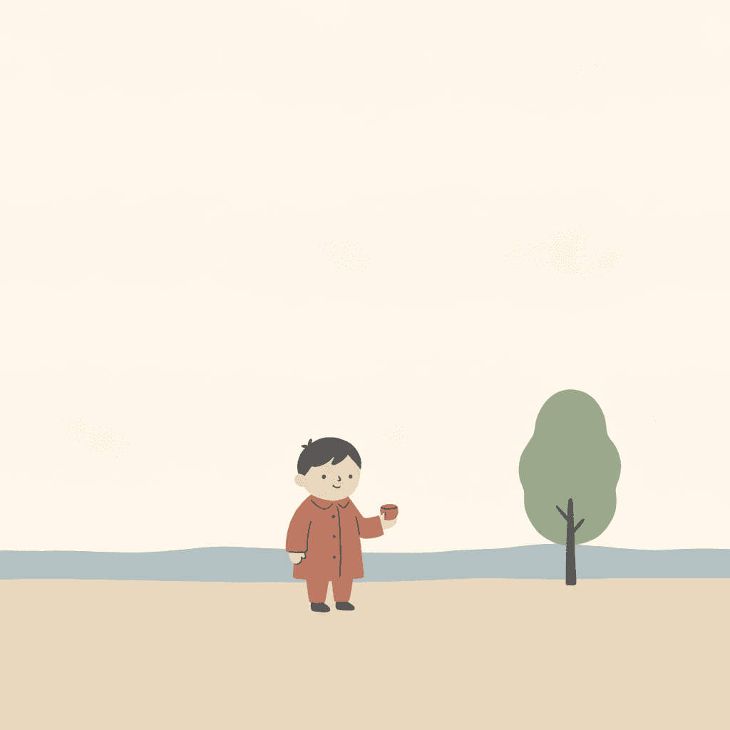 A square picture that is mostly empty. A large plain chalky off-white sky fills the top two thirds, a thin soft grey-blue band runs across the middle as a far horizon, and a wide pale oatmeal ground fills the bottom. A boy of about nine stands a little left of centre, small in the frame, in a dusty terracotta coat with charcoal hair and small dark shoes, holding one small terracotta cup. A single sage-green tree shape on a thin dark trunk stands to the right of him. There is nothing else in the picture at all, no outline around anything, and no shadow under the boy or the tree