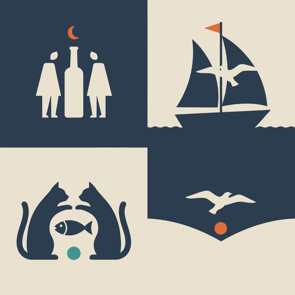 A square of four flat two-colour scenes, each carrying one different accent colour — two cream figures on navy with a tall cream bottle shape standing in the gap between them under a mustard crescent moon; a navy sailing boat on cream whose pale gap between the sails forms a gull in flight, with a red flag at the masthead; two navy cats facing each other on cream with a fish held in the space between them and a teal ball at their paws; and a cream gull flying on a navy ground above a single orange dot