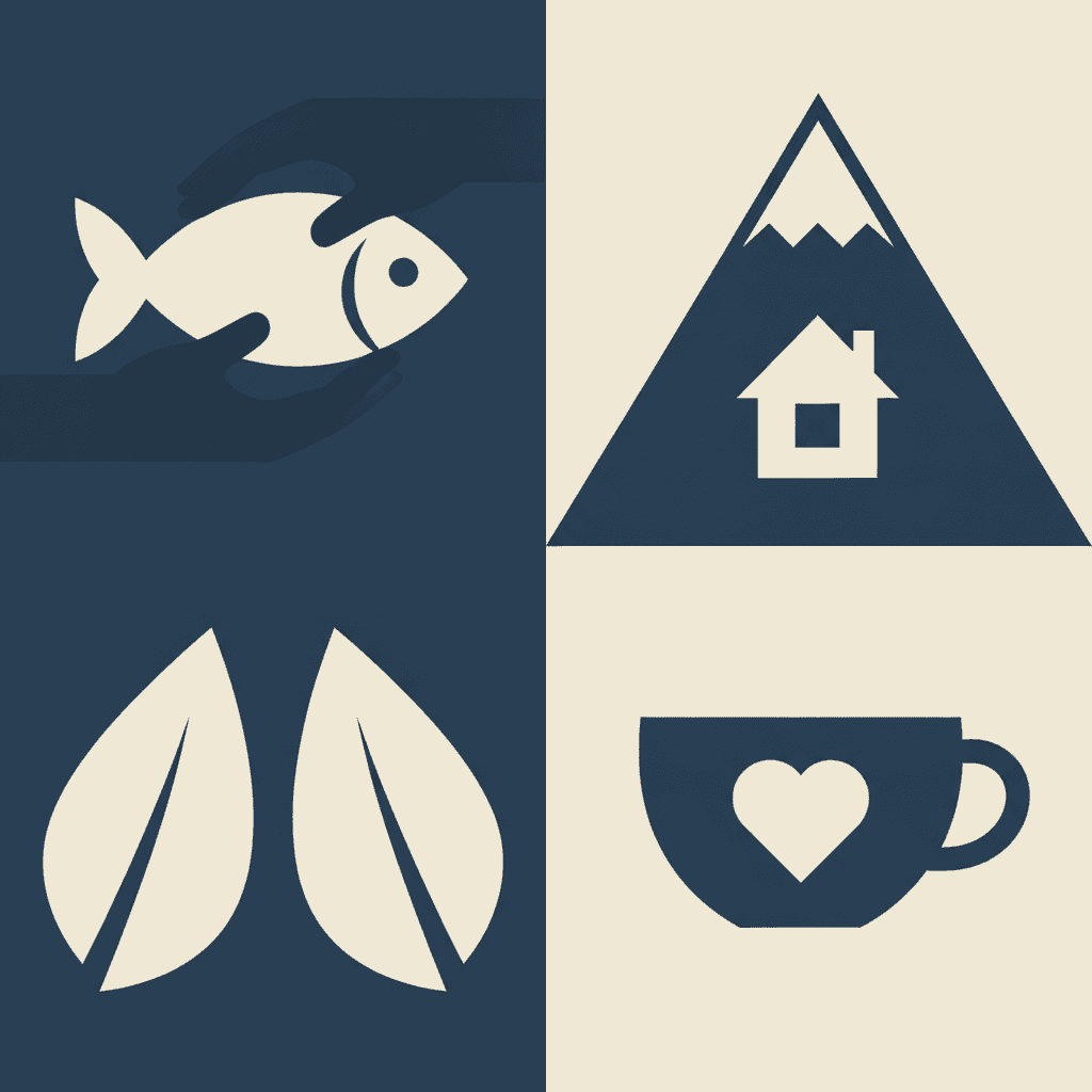A square of four flat two-colour vignettes running edge to edge — on a deep navy ground a cream fish lying in a pair of cupped hands; on cream a solid navy mountain with cream snow caps and a cream house-shaped hole cut through its centre; on navy two large cream leaves leaning together; and on cream a navy teacup with a cream heart-shaped hole in its side and a second cream gap inside its handle