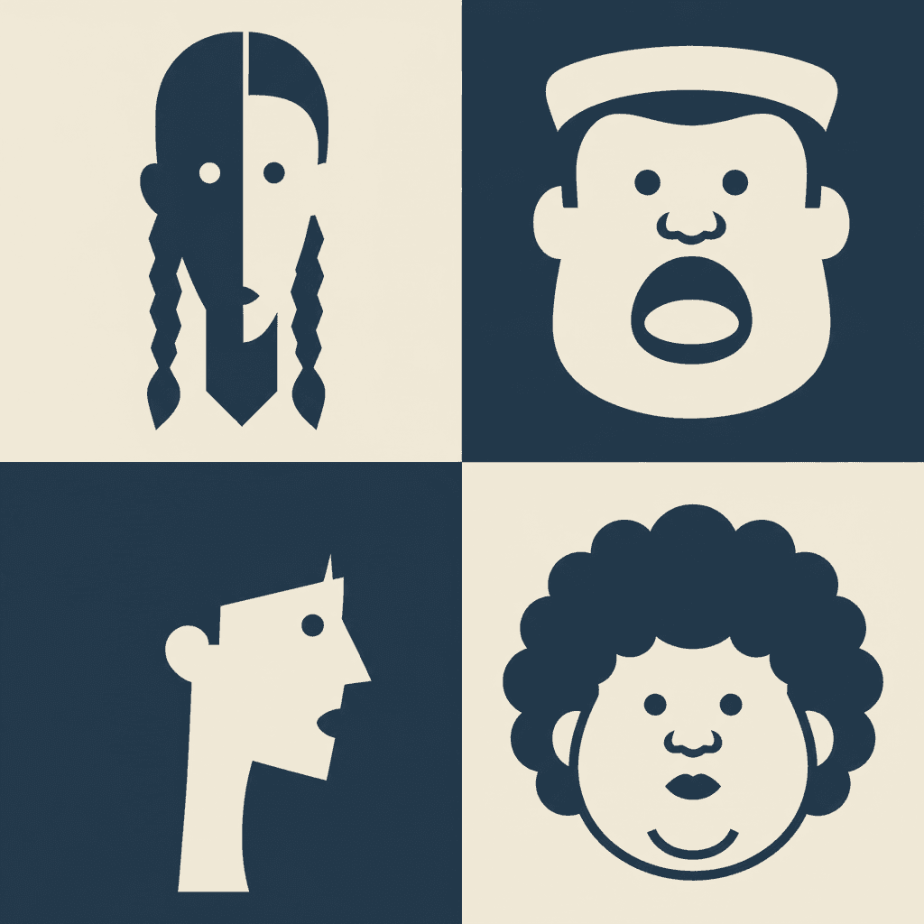 A square of four quarters alternating flat cream and deep navy, each holding one head built to a completely different outline — a narrow head with two long plaited braids hanging either side, a broad square face under a flat cap with a wide open round mouth, an angular profile facing right with a pointed nose and a spike of hair, and a round face beneath a large mass of curly hair