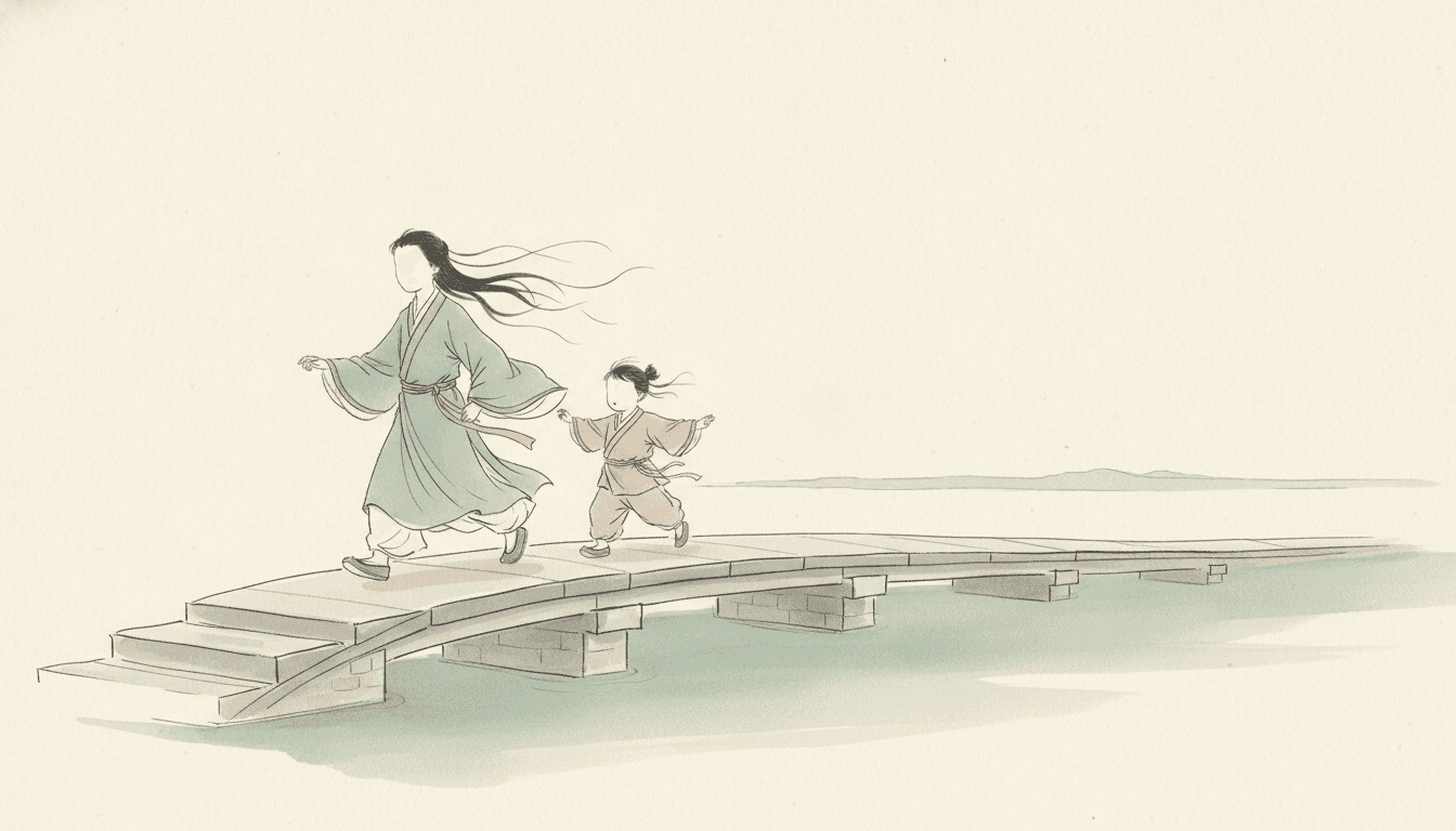 A tall woman and a small child walk across a low arched stone bridge that runs from the lower left corner of the picture away to the right edge. The woman leads, mid-stride with one foot lifting off the stone, in a long dusty-jade robe with wide sleeves and a warm earth-coloured sash, her long dark hair lifting and streaming out behind her in a dozen fine lines that taper away to nothing. Inside the drawn outline of her head the face is left completely blank, bare ivory paper with no eyes, no nose and no mouth drawn on it, while the hairline, the jaw and every strand of her hair are drawn in full. The child follows two steps behind in a pale earth-brown jacket and loose trousers, both arms held out sideways for balance, hair in two short bunches, the face carrying only two tiny marks. Beneath the bridge a soft wash of pale jade green stands for the water and runs right across the lower part of the picture, with a single faint line for a far shore at the right. The whole upper half of the picture is bare warm ivory paper with nothing drawn in it at all