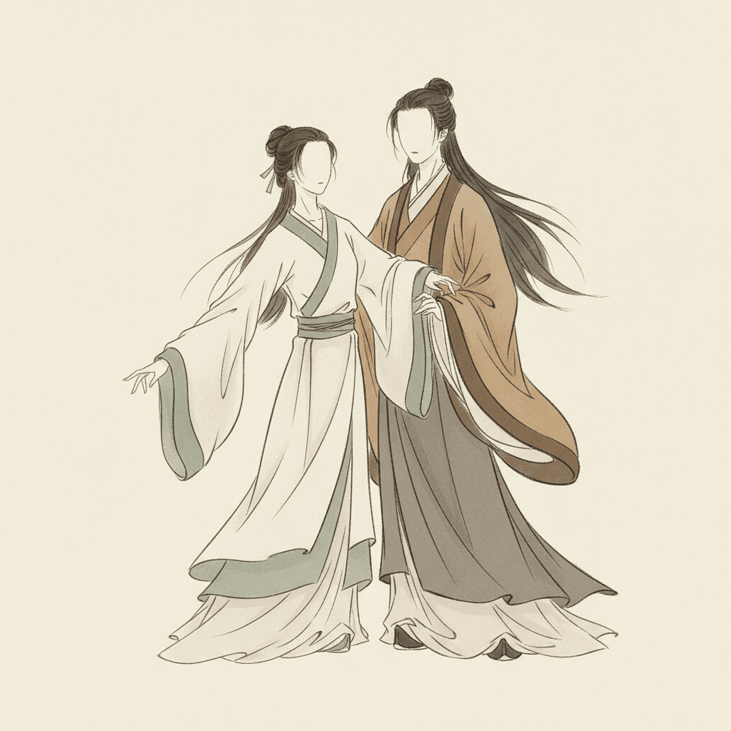 Two tall figures stand close together in the middle of a bare ivory square, their hands meeting between them where one takes hold of the other's wide hanging sleeve. Both faces are left as empty bare paper inside the drawn outline of the head, with no eyes, no nose and at most a faint mark for a mouth, and all of the drawing has gone into their hair and their clothes instead. The figure on the left wears a white robe with dusty-jade borders and a jade sash, the dark hair gathered into a small knot with a ribbon, one arm reaching out and down to the side with the sleeve falling open. The figure on the right is taller, in a warm brown outer robe over a grey underskirt, the long dark hair hanging loose down the back and lifting at the ends. Both hems pool on the ground in long tapering folds, and nothing else is drawn in the square at all