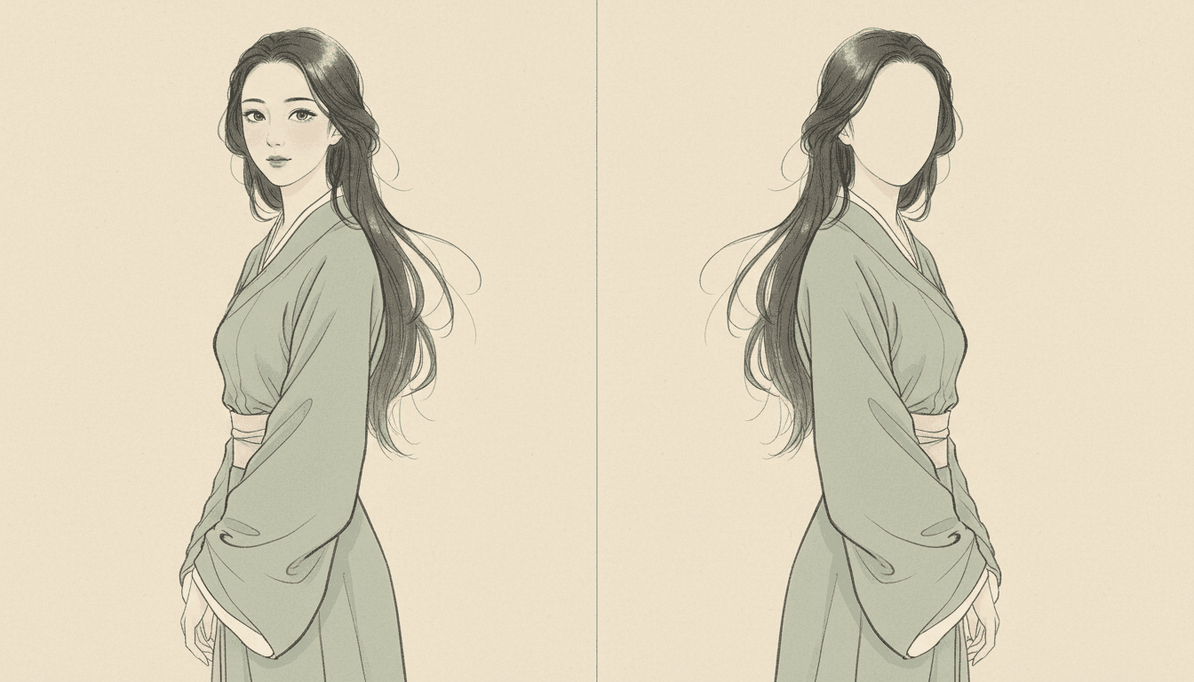 One wide picture divided down the middle by a single thin vertical line, showing the same young woman twice in exactly the same pose, the same dusty-jade robe with wide sleeves and a pale sash, and the same long dark hair falling past her waist with a few strands lifting sideways. She is seen from mid-thigh up, her body turned to the side and her head turned back towards the viewer. In the left half her face is drawn in full detail: two complete eyes with pupils and lashes, two shaped eyebrows, a drawn nose, two shaded lips and a soft flush on the cheek, so that she is plainly looking out at you. In the right half the head sits in the identical position and is drawn with the identical care, with the hairline, the parting, the ear and every strand of hair all present, but the face inside the outline is left completely empty, bare ivory paper with no eyes, no eyebrows, no nose and no mouth drawn on it anywhere. Nothing else differs between the two halves at all: same robe, same sash, same sleeve folds, same hair, same colours, same line