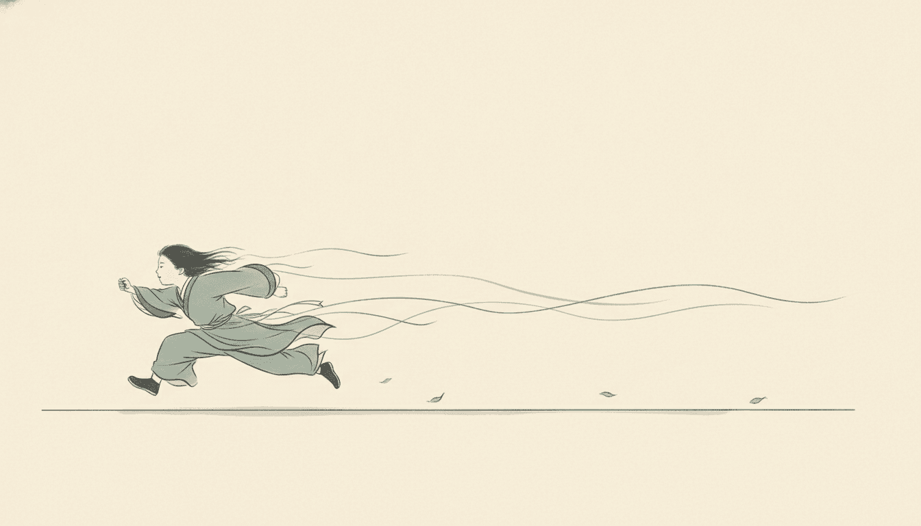 A single figure in a dusty-jade robe runs from right to left across an almost entirely empty page, both feet off the ground, the front knee driven up and the back leg stretched straight out behind, the body tipped forward into the run. The long hair and the loose sash stream horizontally backwards in a dozen fine lines that start broad and taper away to nothing, the longest of them reaching more than half the width of the picture before ending in mid-air. The face carries only two or three faint marks. One single thin line runs the entire width of the picture beneath the runner standing for the ground, with three small leaves lifting above it, and everything else is bare warm ivory paper with nothing drawn in it at all