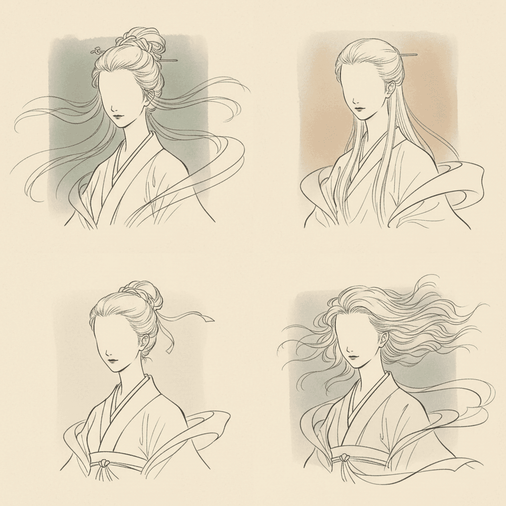 Four square panels arranged two across and two down, each holding the head and shoulders of a woman in a long wrapped robe, each panel sitting on its own soft wash of colour: jade green, pale earth, warm cream and cool grey, with ivory paper showing between them. In every one of the four the face is left as an empty area of bare paper inside the drawn outline of the head, with no eyes, no eyebrows and no nose, carrying at most one faint mark where a mouth would be. What is drawn instead is the hair, strand by strand. Upper left, it is swept up into a high knot held with a pin, with long strands blowing right out across the panel. Upper right, it is parted flat and smooth and pinned, falling straight down past the shoulder. Lower left, it is gathered into a loose low bun with a ribbon trailing from it. Lower right, it is loose and wavy and lifted out sideways. The robes are drawn as a few long sweeping lines with no shading