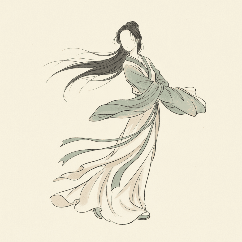 A woman stands alone in the middle of a bare ivory square, caught halfway through turning: her lower body still swings one way while her shoulders have come round the other, and her long robe has not caught up with her. Inside the drawn outline of her head the face is left blank, bare paper with no eyes, no nose and no mouth, while her dark hair is gathered into a small knot and streams out to the left in a dozen long tapering strokes, the longest of them ending in mid-air. She wears a dusty-jade wrap over a pale ivory skirt, and the sash ends and the hem trail away to the left and down in long sweeping ribbons that taper to points. Nothing else is drawn in the square at all: no ground, no object and no background, only bare warm ivory paper