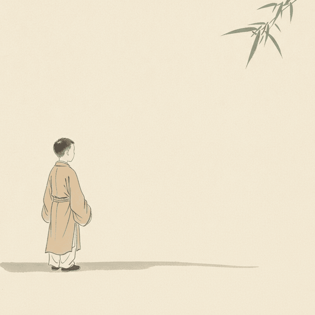 A small boy stands low down and far over to the left of an almost entirely empty square, seen from behind in a pale earth-coloured robe with wide sleeves and a sash, loose white trousers and dark cloth shoes, his hands held behind him and his head turned just enough that no face is visible at all. His short hair is drawn in a few quick dark strokes. In the far upper right corner a single bamboo stem reaches in with five narrow green leaves, stopping well short of him. Between the two there is nothing drawn at all, and the whole middle of the picture is bare warm ivory paper. A long soft band of grey lies across the ground behind him