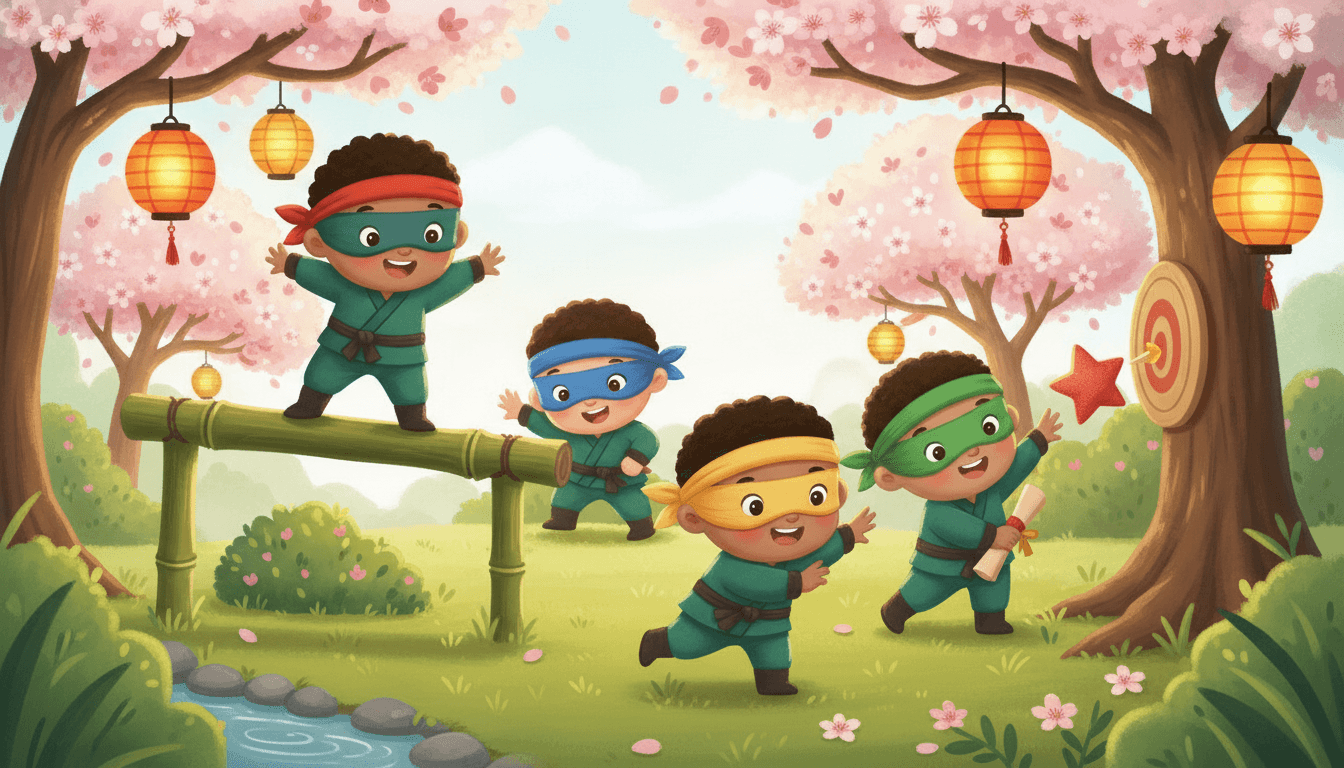 Happy diverse little kid ninjas training together in a sunny dojo garden — balancing on bamboo, sneaking on tiptoe, tossing a soft throwing-star and holding a secret scroll — in an AI-generated ninja story