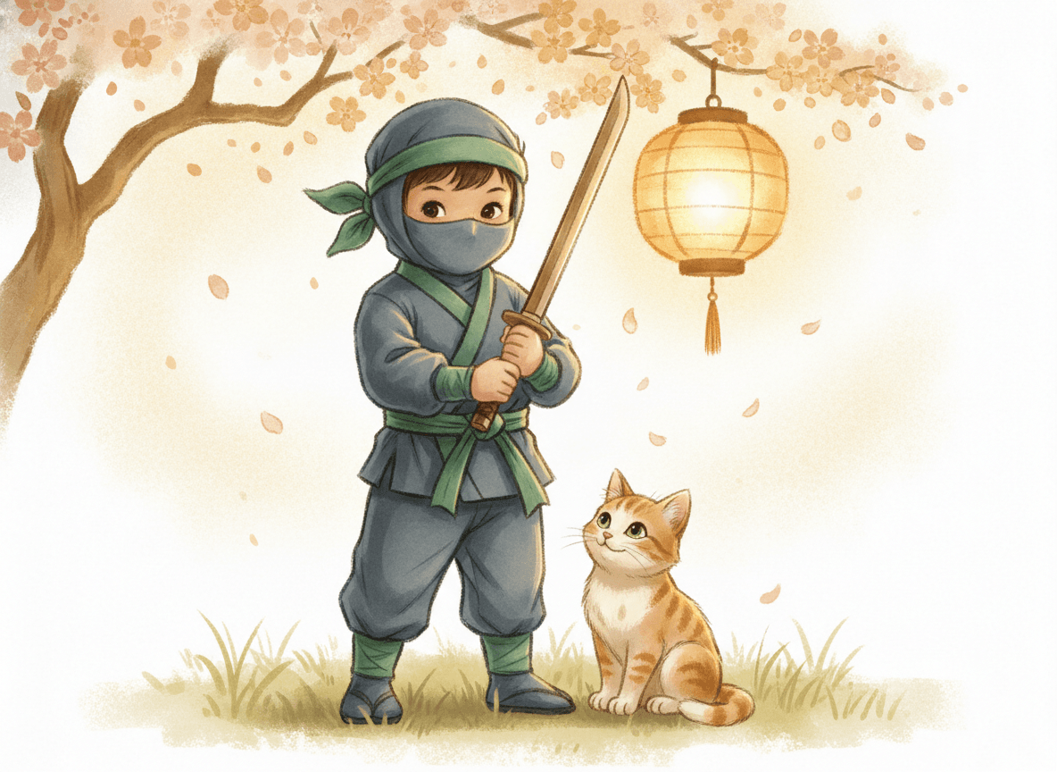 Classic storybook style illustration of a sweet little ninja with a friendly cat holding a small wooden practice sword in a dojo garden