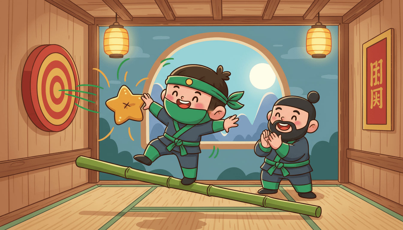 A happy little ninja balancing on a bamboo pole and tossing a soft star cushion at a wooden target while a friendly sensei claps nearby