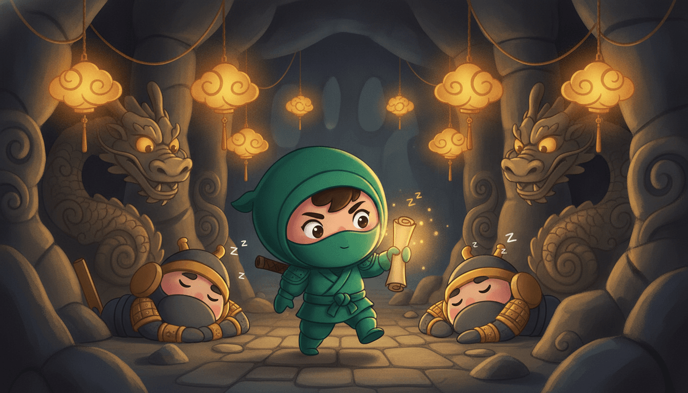 A little ninja on a secret mission tiptoeing past sleeping guards in a glowing mountain temple, holding up a discovered secret scroll
