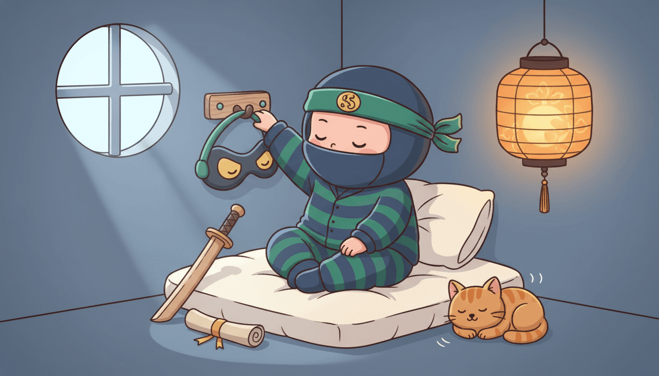 A sleepy little ninja in pajamas at bedtime hanging up a mask and headband with a wooden sword and a curled-up cat nearby