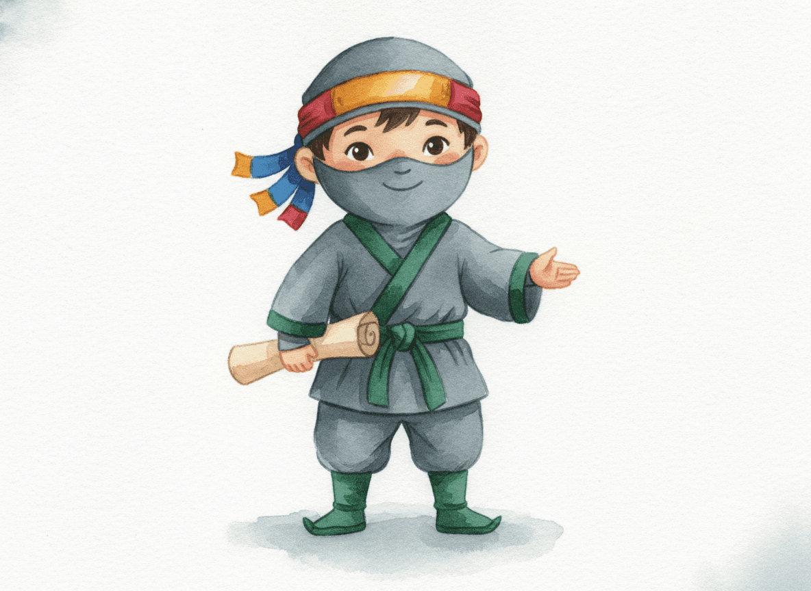 Watercolor style ninja story illustration of a gentle little ninja in a cozy gi and headband holding a rolled scroll