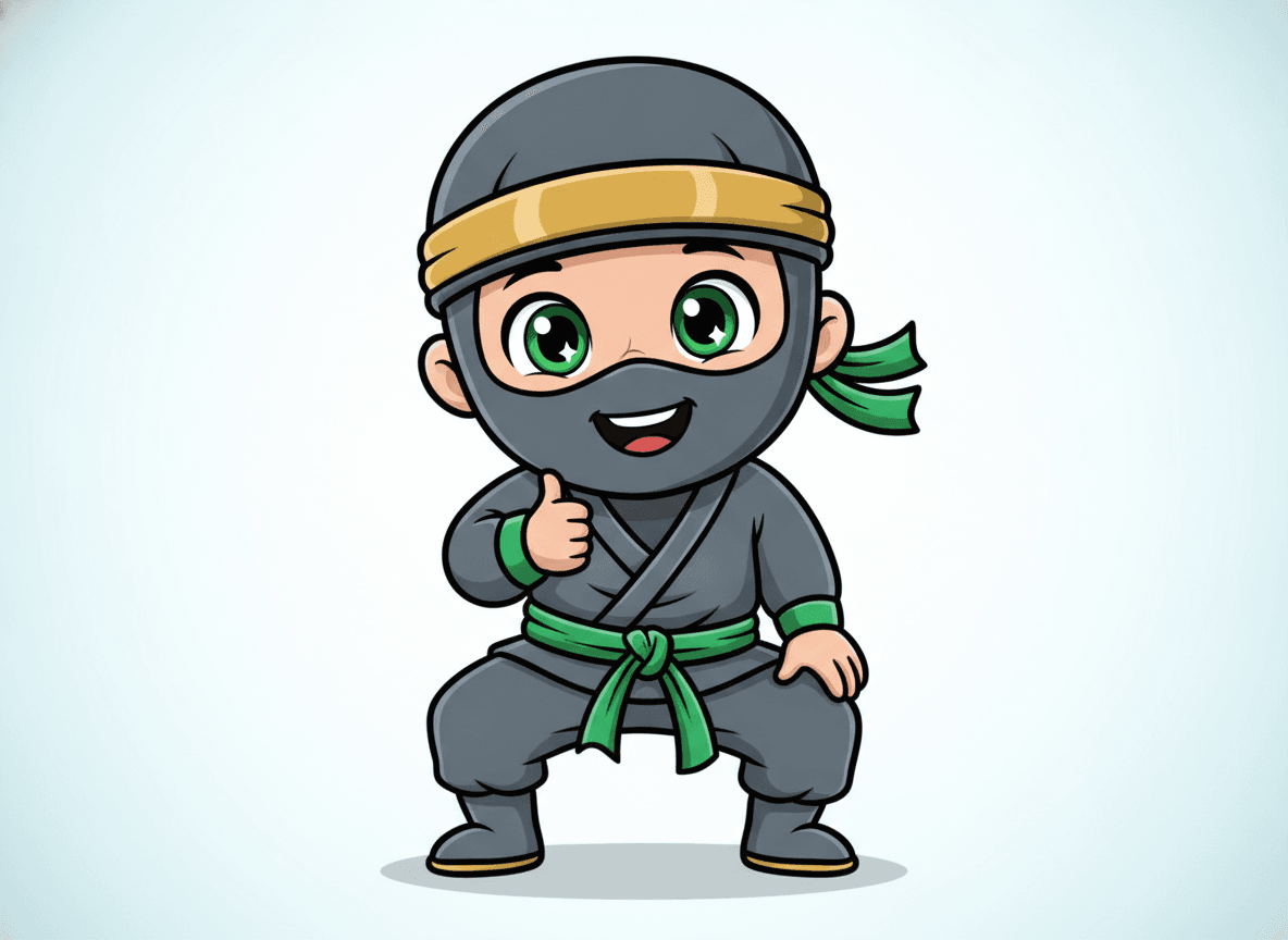 Cartoon style ninja story illustration of a happy little ninja in a soft mask and headband giving a thumbs-up in a playful pose