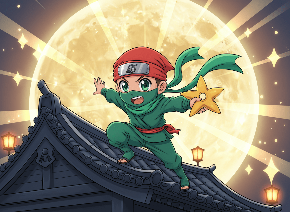 Anime style ninja story illustration of an enthusiastic little ninja mid-leap with a soft throwing-star and a glowing moon behind