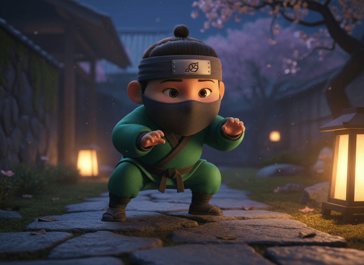 Cinematic 3D style ninja story illustration of an adorable little ninja crouched in a playful sneaking pose on a stone path at twilight