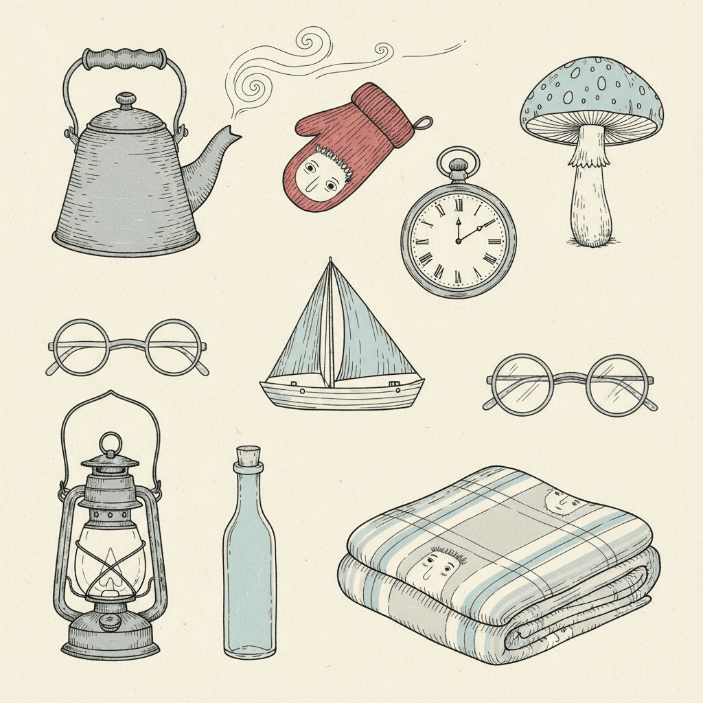 Square flat-lay on cream paper of nine everyday objects drawn in fine ink outline with hatched shading — a tin kettle, a pocket watch, a mushroom, a sailing boat, round spectacles, a lantern, a bottle and a folded blanket — all in cool grey and pale blue with a single soft red mitten as the only warm object