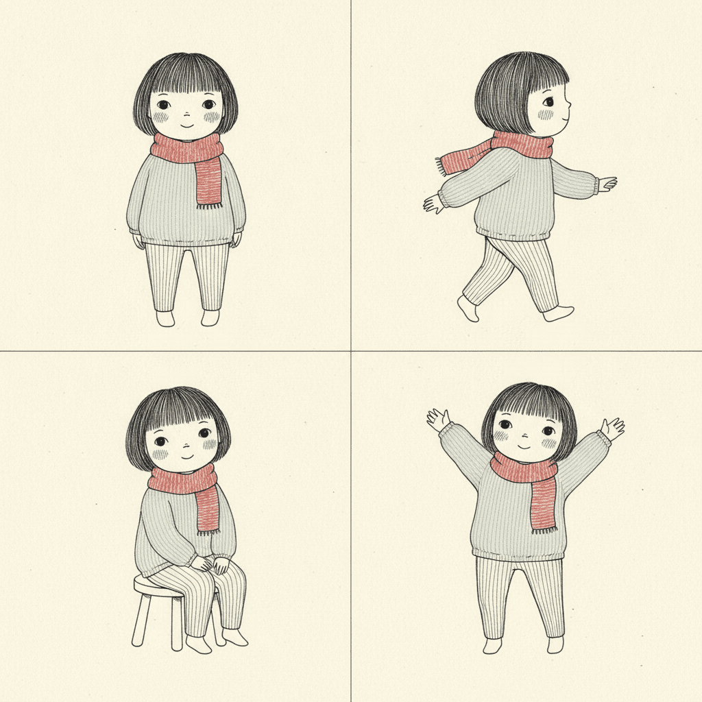 Square four-panel sheet on cream paper showing the same child in four poses — standing, walking, sitting on a stool and reaching up — in the identical knitted jumper and soft red scarf each time, drawn in thin ink line with fine hatching on the sleeves and shadows