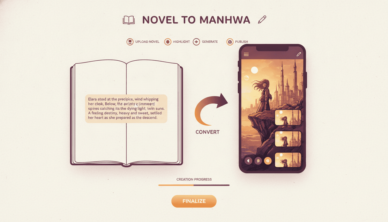 Novel to manhwa interface showing a novel manuscript on the left and a phone displaying a full-colour vertical scroll manhwa episode on the right
