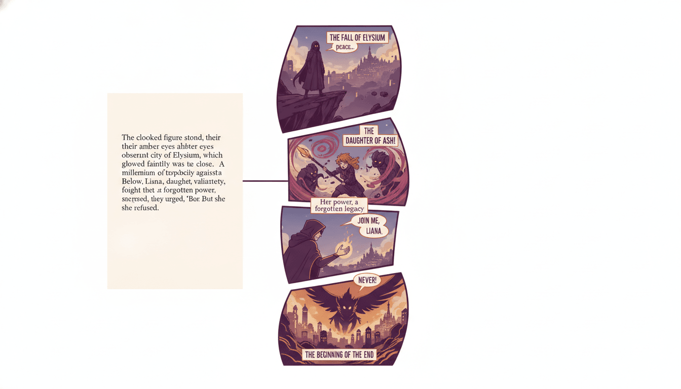 A tall ribbon of full-colour manhwa panels shown beside the paragraph of novel prose it was adapted from