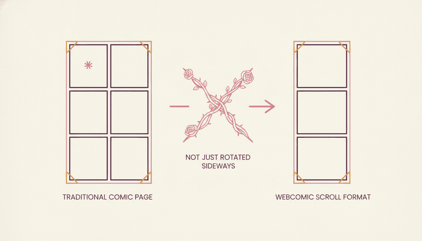 A diagram comparing a six-panel comic book page grid with a tall vertical manhwa strip, showing a page is not simply rotated