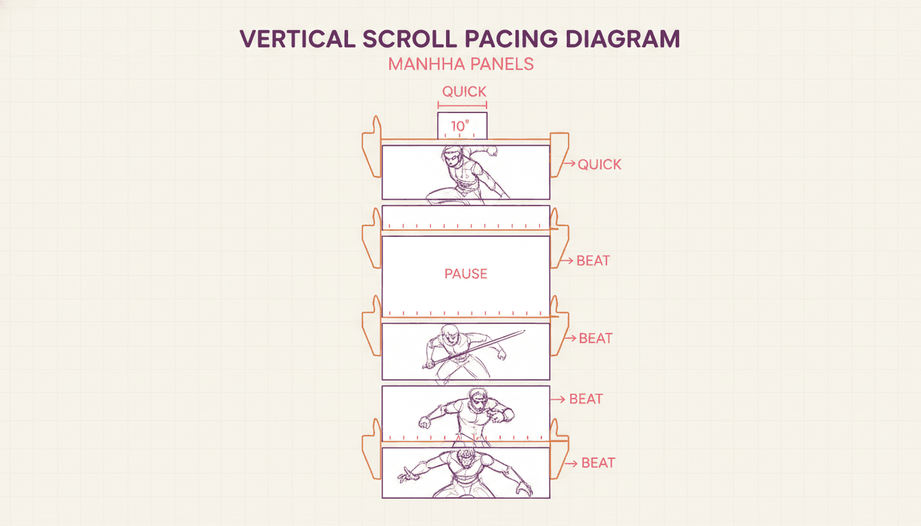 A pacing diagram of a vertical manhwa scroll with the gaps between panels measured and labelled as short quick beats and long pauses