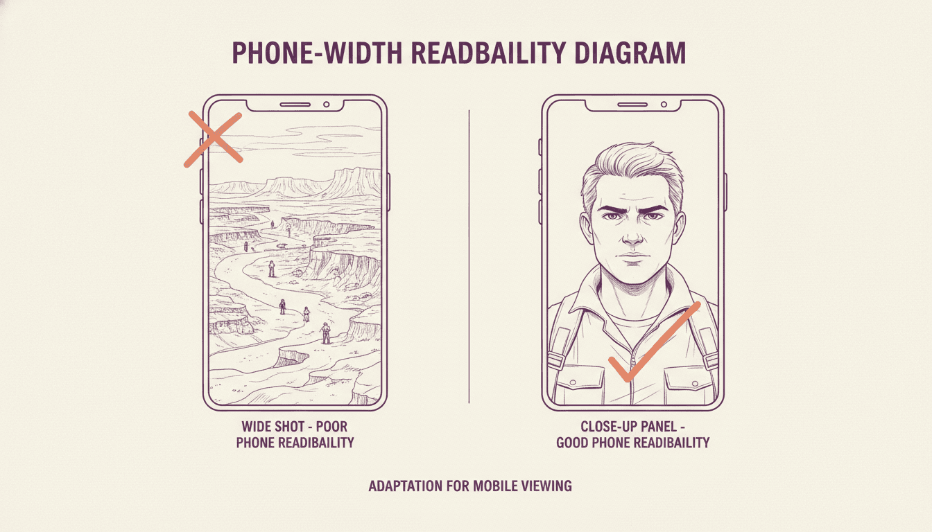 A readability diagram comparing a wide crowded establishing shot squeezed into a phone frame against the same moment restaged as a tall close-framed panel