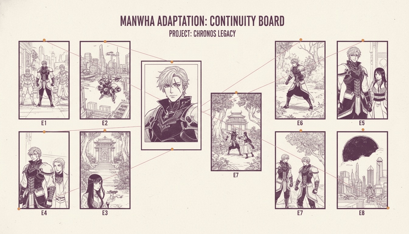 A continuity board with a full-colour character model card threaded out to eight vertical manhwa episode thumbnails