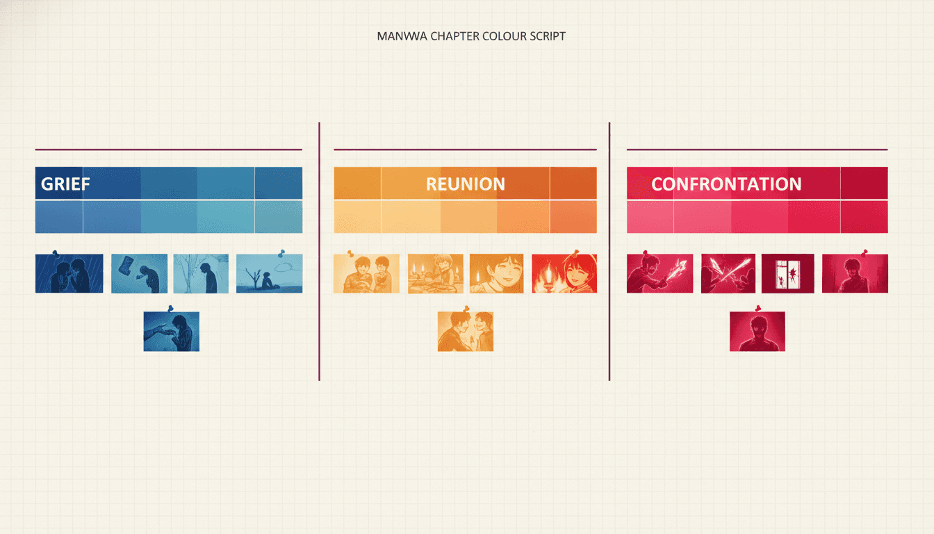 A colour script diagram for a manhwa chapter, showing labelled emotional sections each filled with a different palette and panel thumbnails beneath