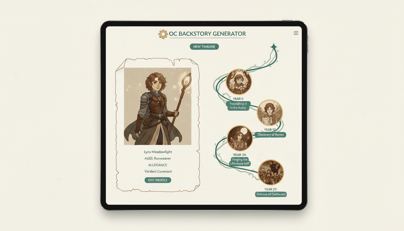 OC backstory generator interface with a character dossier pinned on the left and a vertical timeline of illustrated past moments running down the right