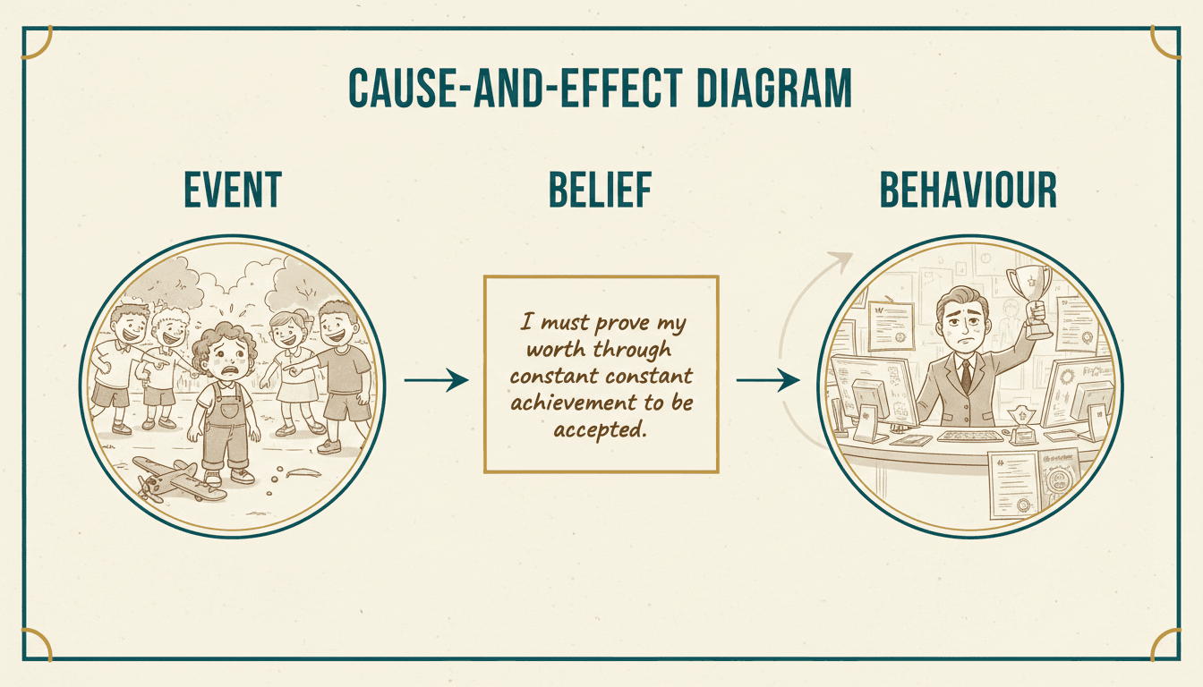 An Event, Belief and Behaviour diagram connecting a moment from an OC’s backstory to the way that character acts in the present day