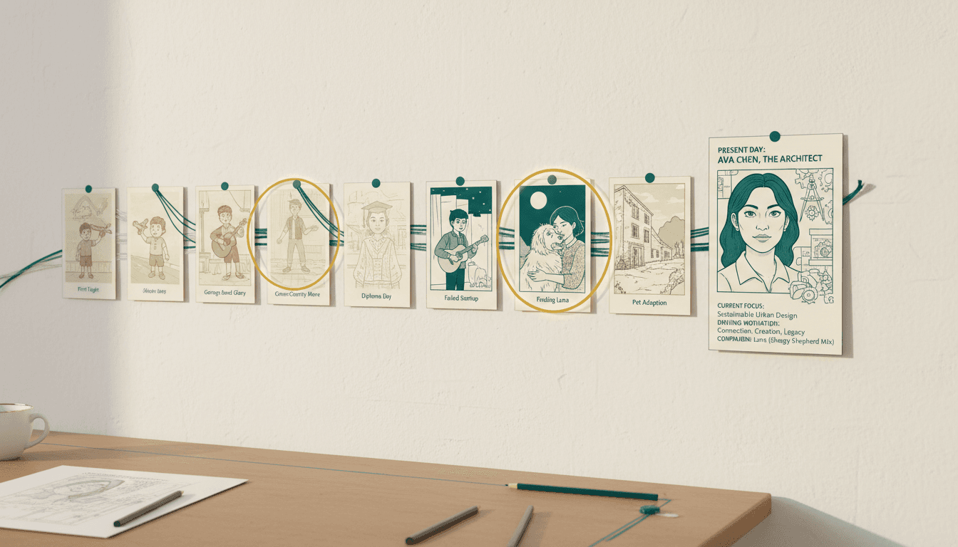 A formative-events timeline pinned across a studio wall with three moments circled as the ones that still matter and the rest faded back