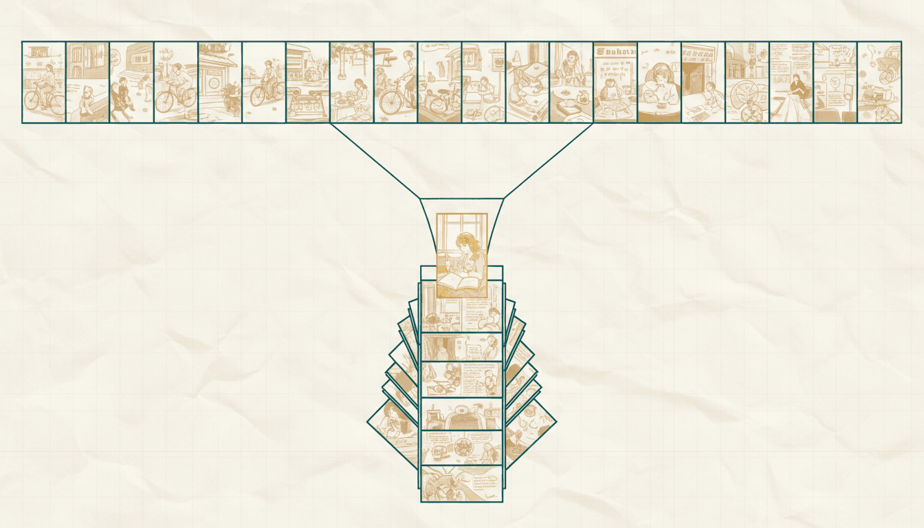 A diagram of past-moment cards narrowing to one chosen moment, which expands into a stack of finished illustrated story pages