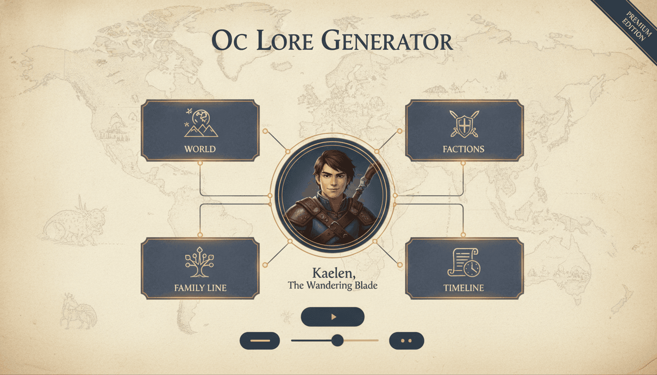 OC lore generator interface with a character portrait at the centre linked to lore panels labelled World, Factions, Family Line and Timeline over a faint annotated map
