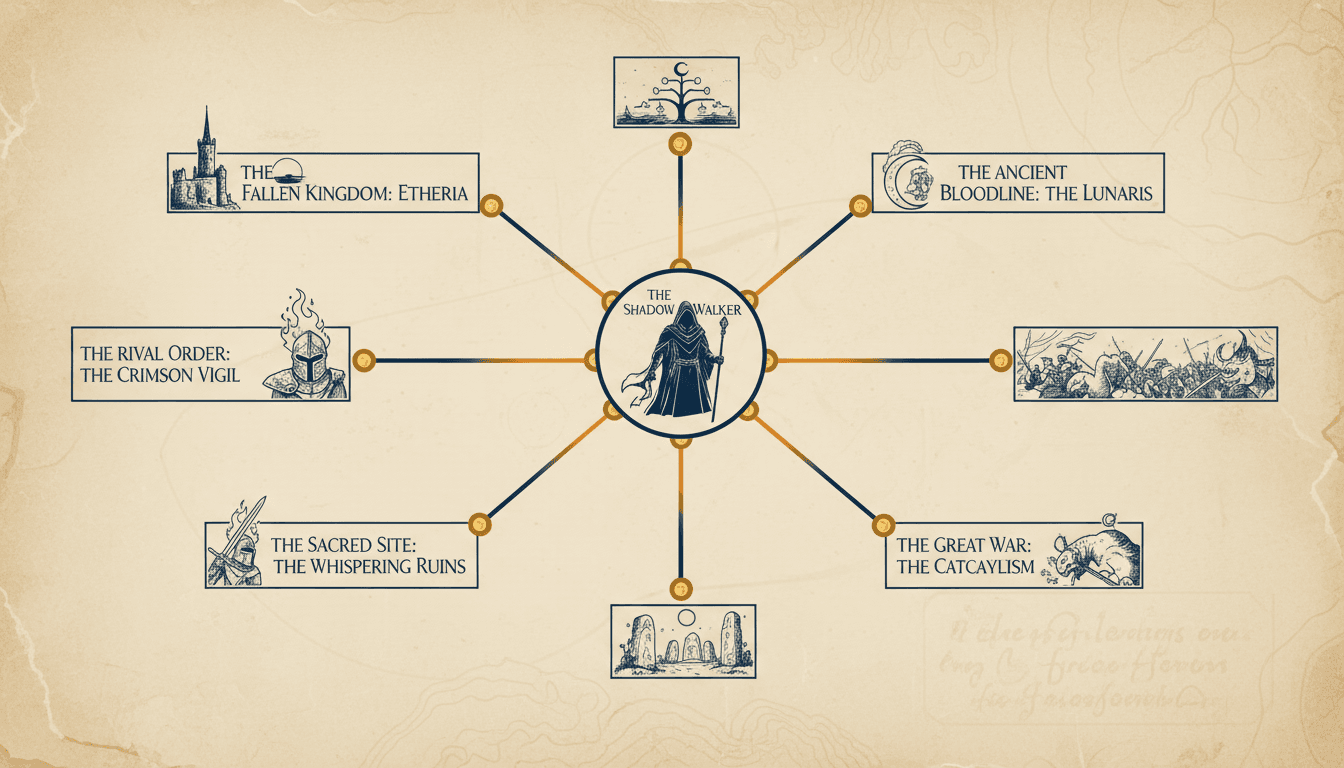 A lore web with a single character node at the centre and glowing lines radiating out to labelled nodes for a kingdom, a rival order, a bloodline, a war and a sacred site