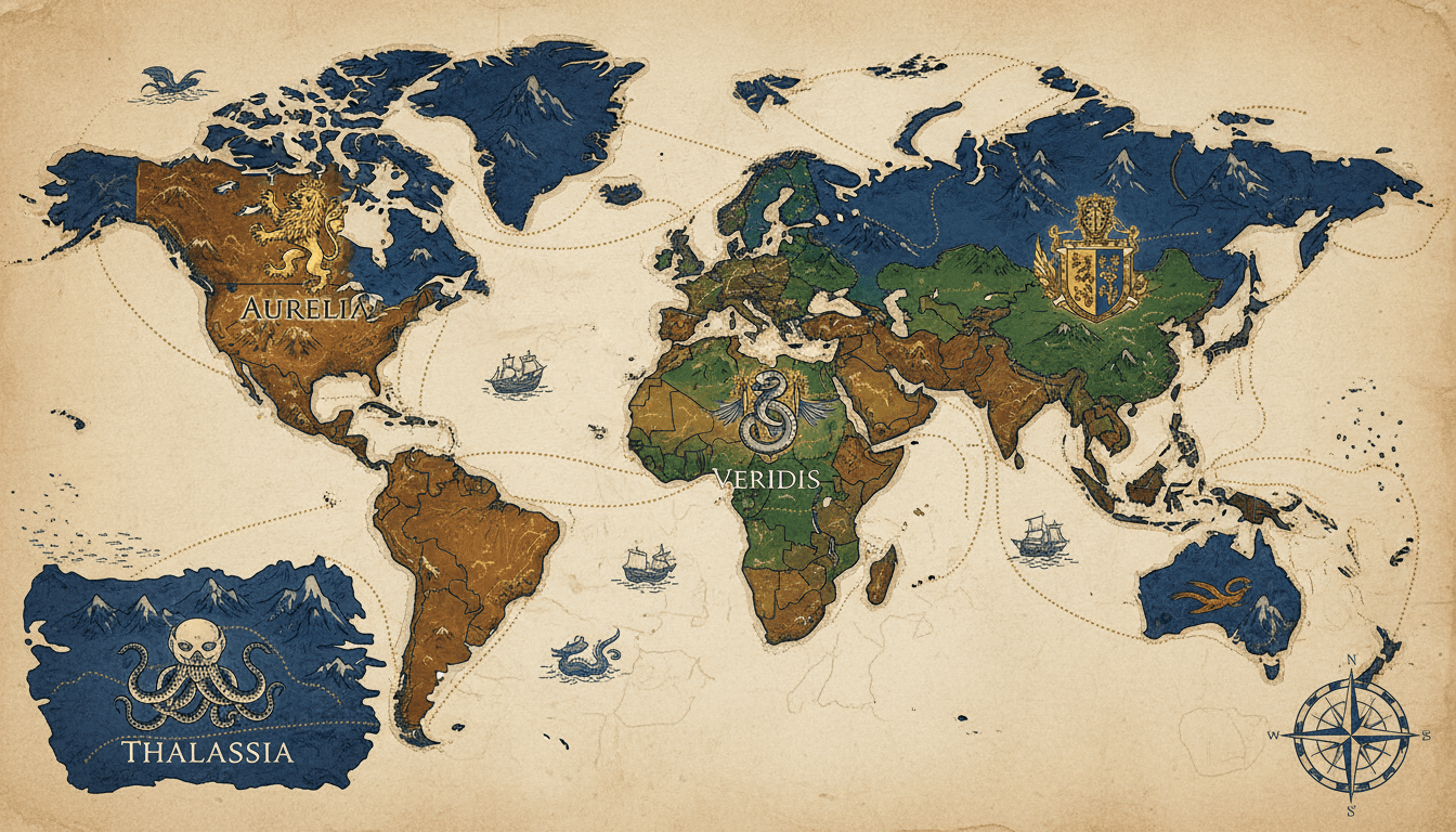 An illustrated world map in old-atlas style with coastlines, mountain ranges, three named territories in distinct heraldic colours and trade routes drawn as dotted gold lines