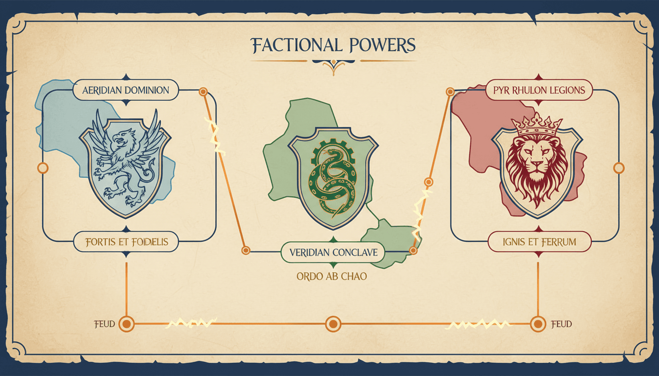 A faction chart showing three rival organisations as crests with their colours, mottos and territories, with glowing lines marking alliances and feuds