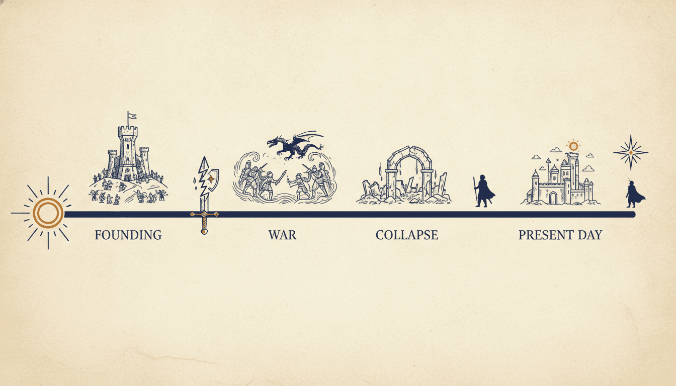 A history timeline for a fictional world marked with a founding, a war, a collapse and a present-day marker, with a character silhouette standing at the present-day end